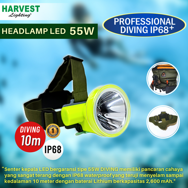 55W, Headlamp Professional Diving IP68 Lampu Senter Kepala LED Selam rechargeable 2,600mAh
