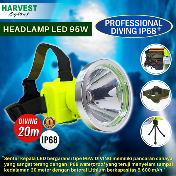 95W, Headlamp Professional Diving IP68 Lampu Senter Kepala LED Selam rechargeable 5,600mAh