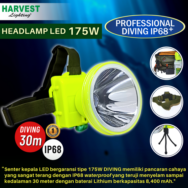 175W, Headlamp Professional Diving IP68 Lampu Senter Kepala LED Selam rechargeable 8,400mAh