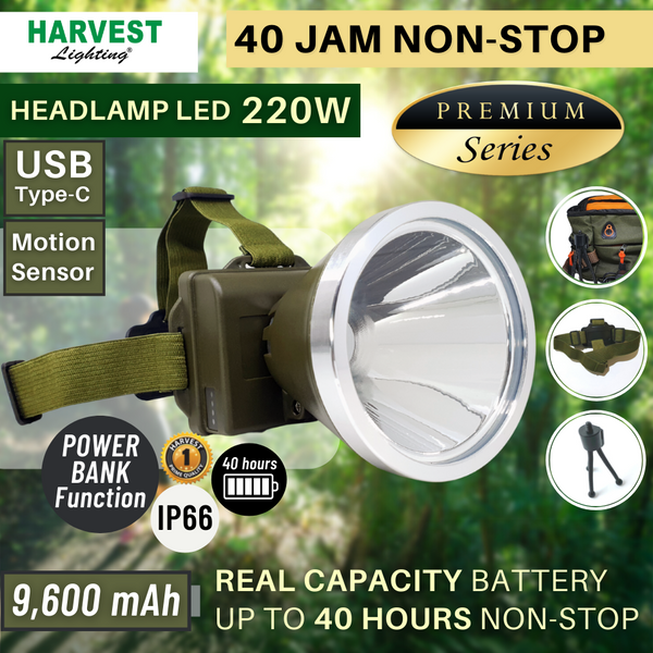 220W, Headlamp IP66 Harvest Lighting Senter Kepala LED Rechargeable 9600mAh